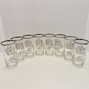 Vintage Set of (8) MCM Silver Band & Rose High Ball Barware Glasses
